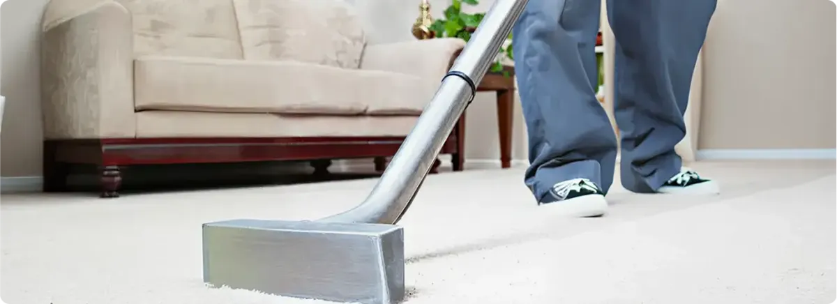 Carpet cleaning technician using a hot-water extraction wand on a light-colored carpet in a living room, Dallas, TX.